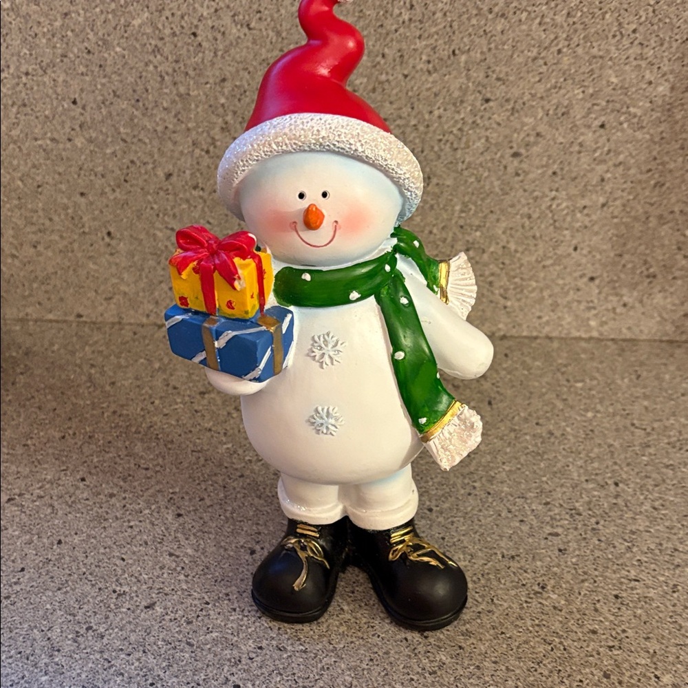 Festive Snowman Figurine with Red Hat and Green Scarf